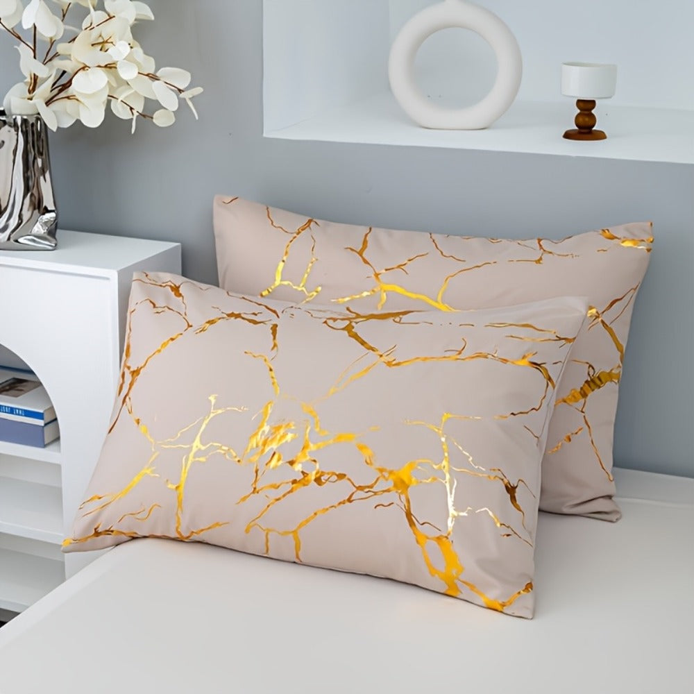 3-Piece Duvet Cover Set with Bronzed-Look Marble Vein Print in White, Khaki or Black and Four Sizes