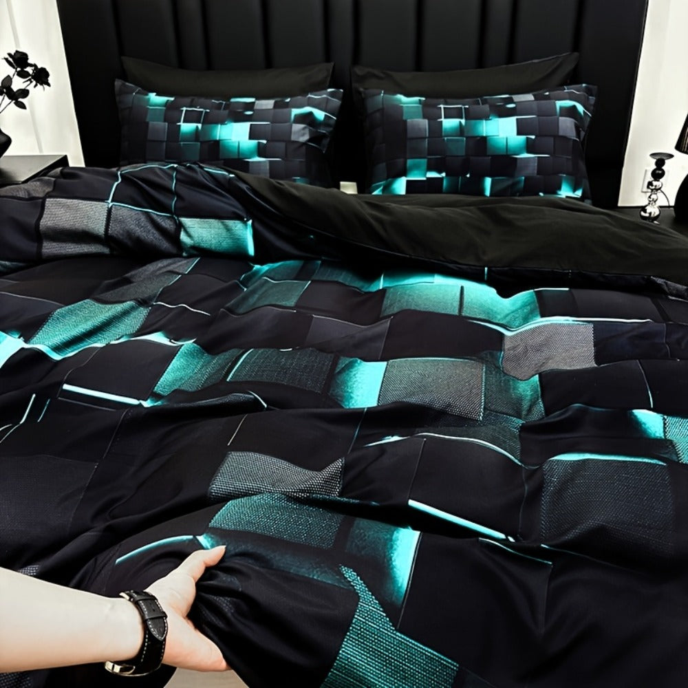 Three-Piece Plaid Duvet Cover Set with Two Pillowcases in Five Colors and Four Bed Sizes for Home and Everyday Use