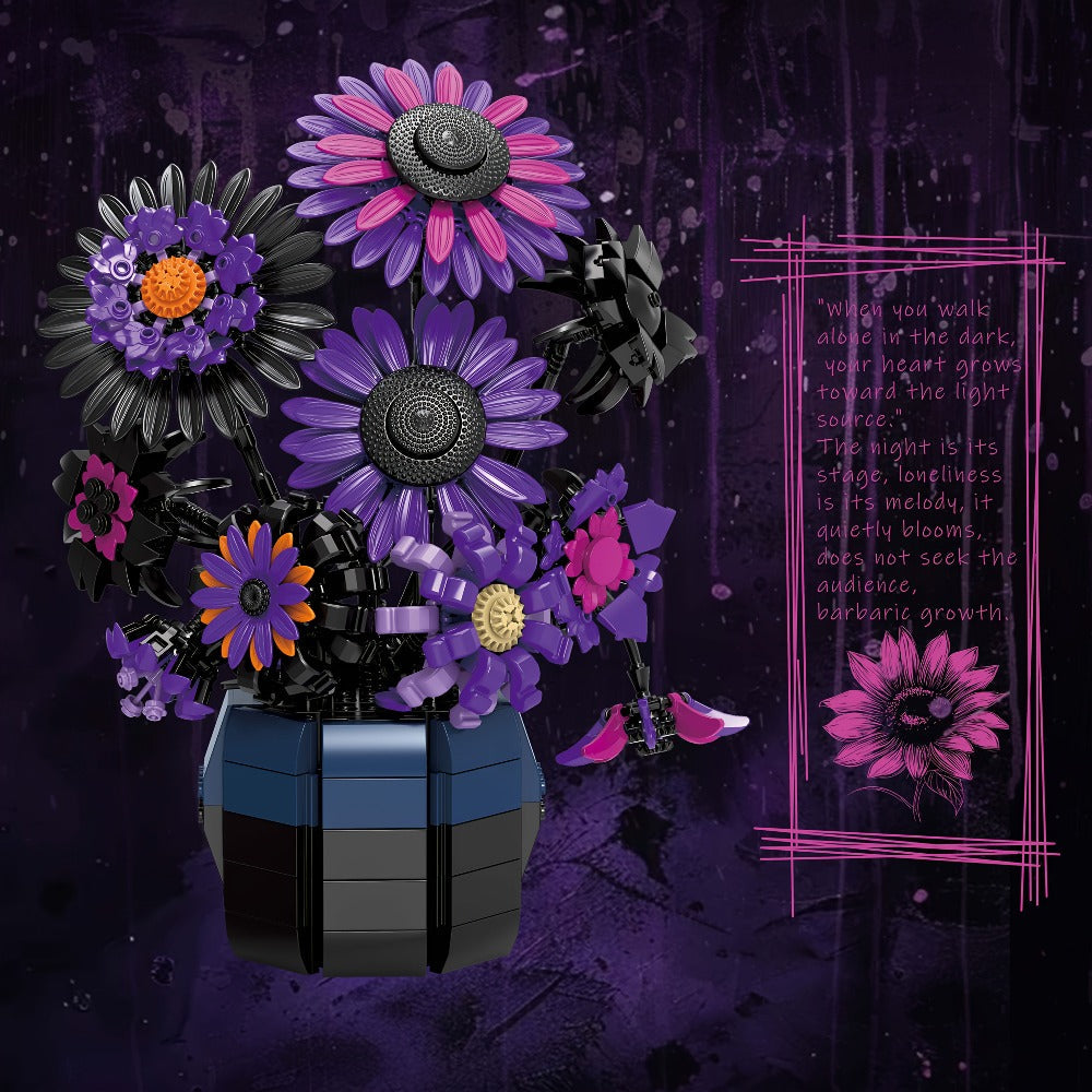 Sunflower Bouquet Building Block Set with Purple Art-Inspired Flower Design for Adult Home or Desk Display