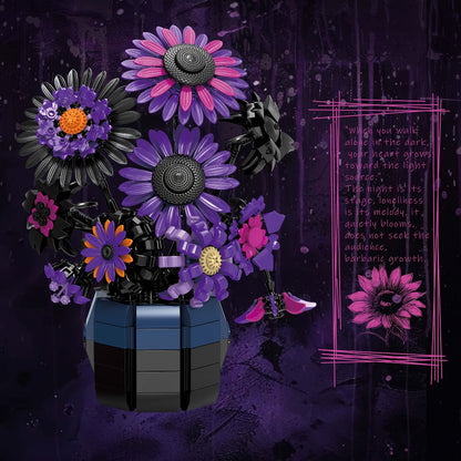 Sunflower Bouquet Building Block Set with Purple Art-Inspired Flower Design for Adult Home or Desk Display