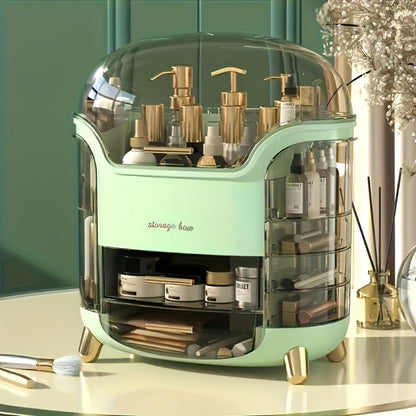 Covered Countertop Makeup Organizer with Transparent Display Top and Pull-Out Drawer in White or Green