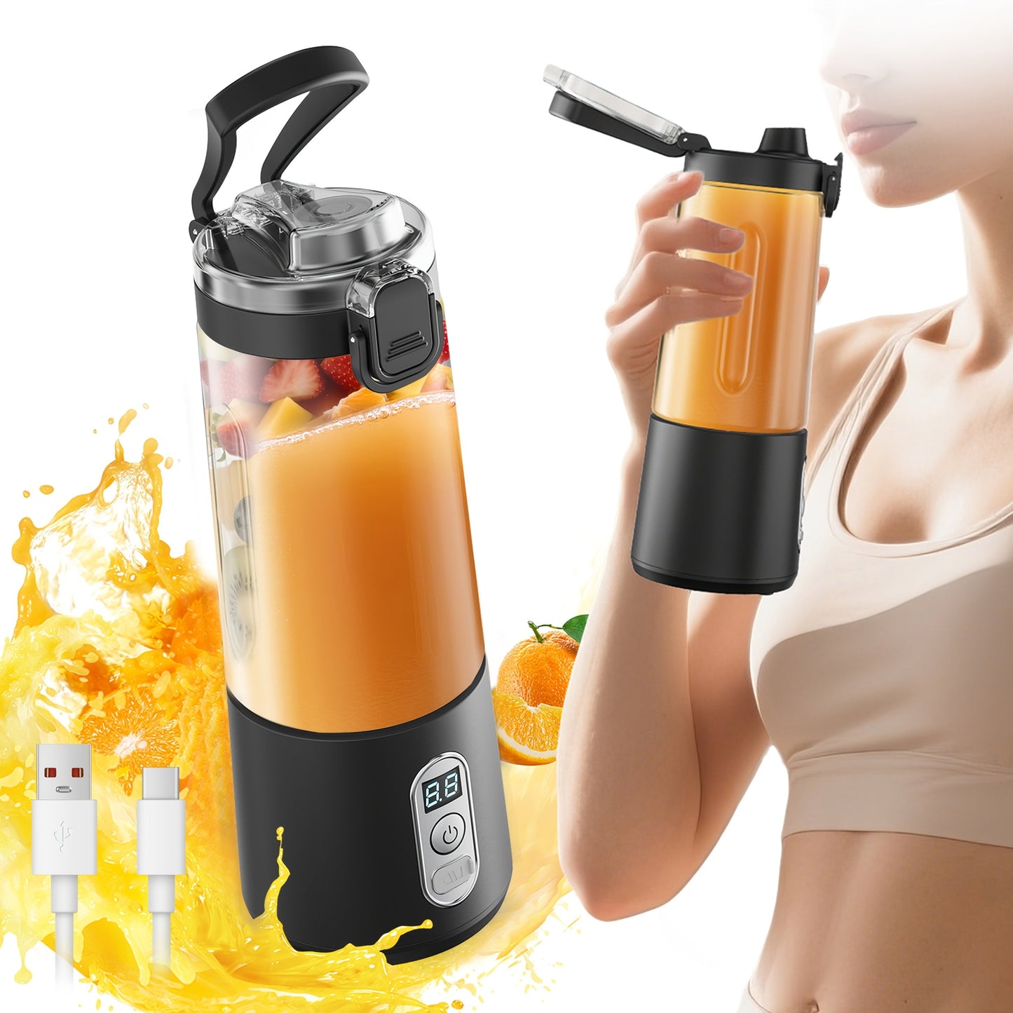 Portable Blender with Clear Cylindrical Cup, Digital Timer Display, Flip-Up Handle and Three Color Options