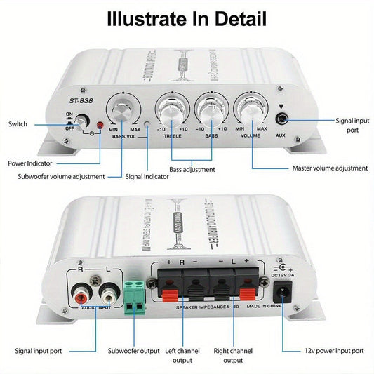 400 Watt 2.1 Channel Car Audio Stereo Amplifier, 12V Class A/B HIFI Power Amp with RCA & AUX Input, Subwoofer Output, Cast Iron Build, 20Wx2+40W RMS, 4-8Ω Speaker Compatible, Model ST-838
