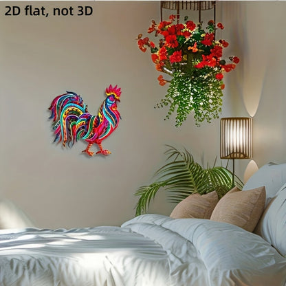 Colorful Flat Metal Rooster Wall Decoration, 11.8 by 11.46 Inches, with Layered Farmhouse Cutout Design