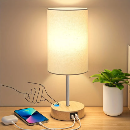 Table Lamp with Burlap Drum Shade, Wood Base, Three-Way Touch Dimming, USB-C Port and AC Outlet