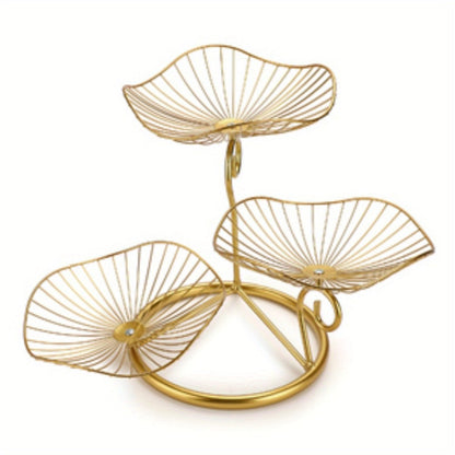 Three-Tier Golden Metal Wire Fruit Basket Stand with Lotus-Leaf Bowls, 46.5 cm Wide Countertop Design