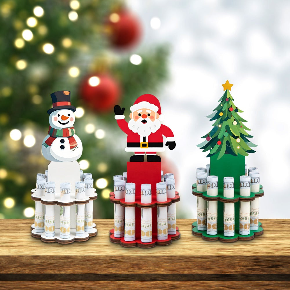 Three-Piece Santa, Snowman and Christmas Tree Rolled-Money Display Set with Ten Slots Each