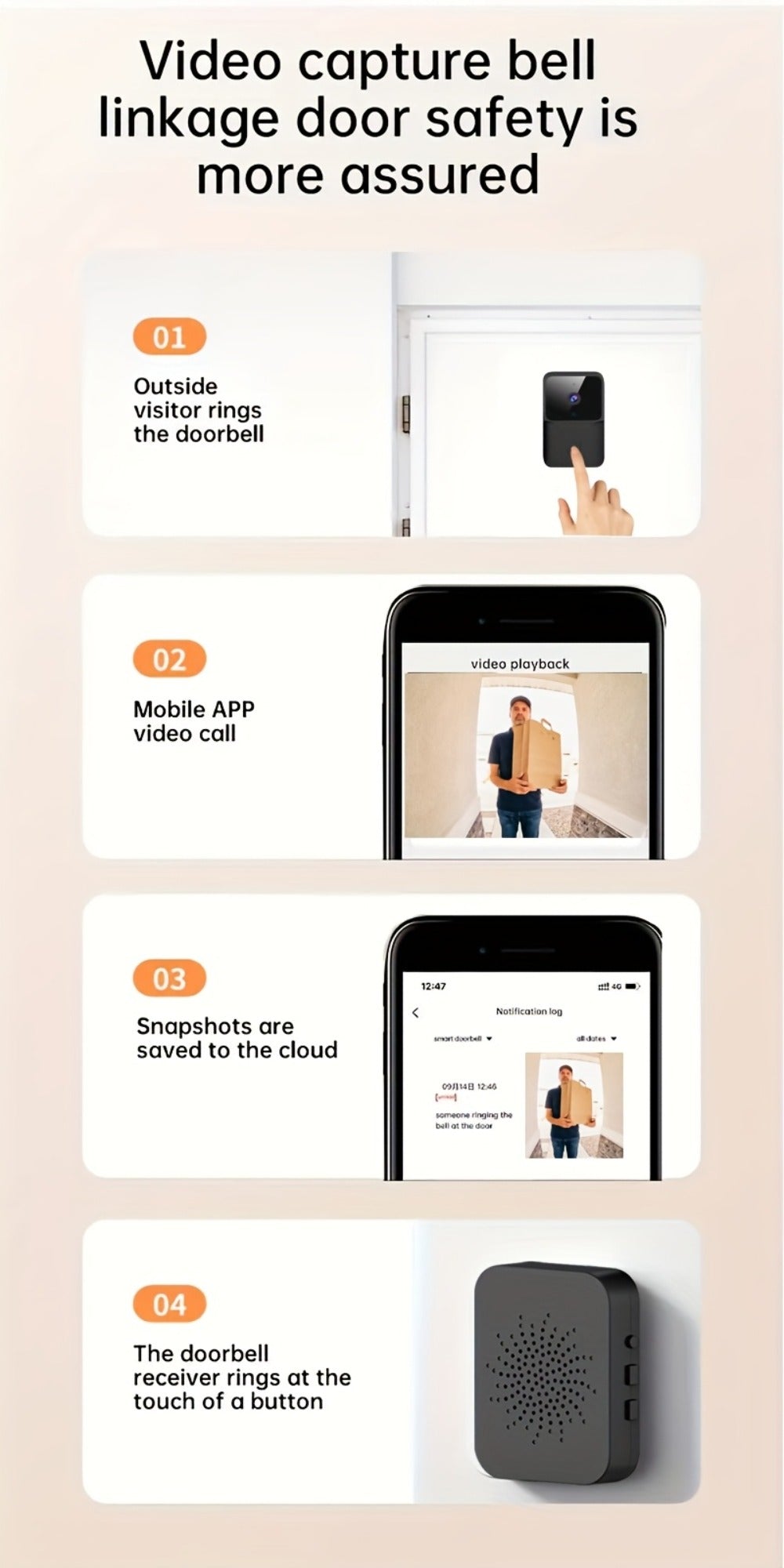 Voice Change Doorbell Camera Wireless HD 960P – Night Vision, Two-Way Audio, Motion Alert Push Notification, 2.4GHz WiFi, Rechargeable Battery, Remote Mobile View, Single or 2-Pack, Black White