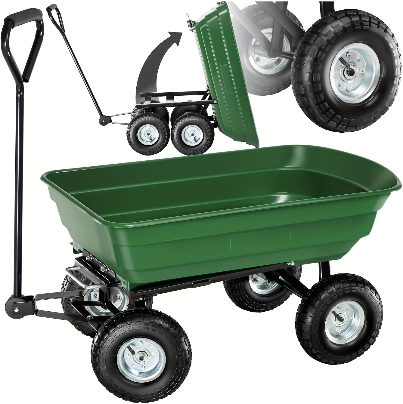 Garden Cart Heavy Duty Steel Yard Wagon 220 Lb Capacity Dump Cart with 10 Inch Pneumatic Tires All Terrain Utility Cart for Lawn Farm Gardening Green