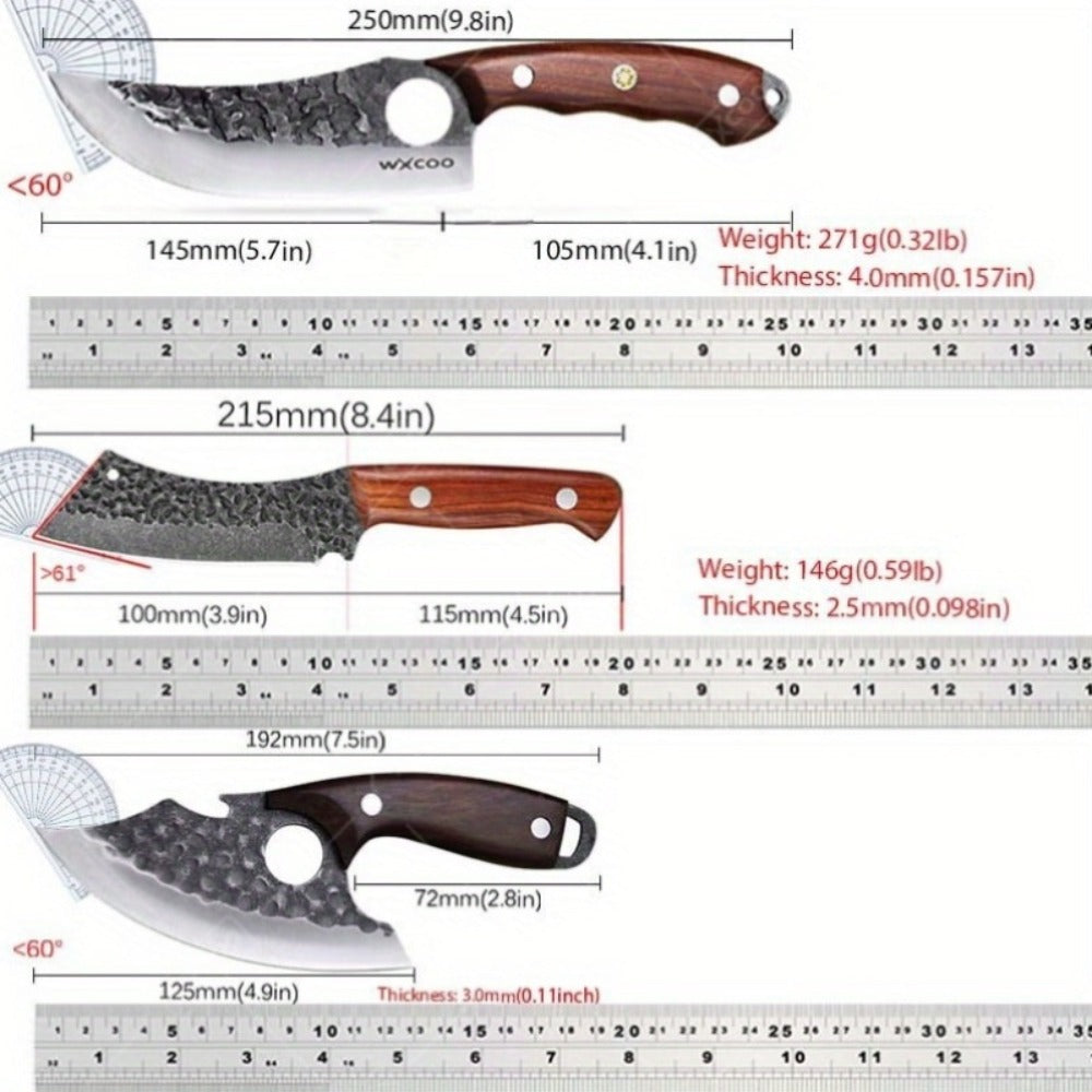Kitchen Knife Set by WXYCOO, 3- or 4-Piece 5Cr15MoV Steel Hammered Blades with Curved Wood Handles
