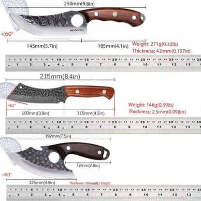 Kitchen Knife Set by WXYCOO, 3- or 4-Piece 5Cr15MoV Steel Hammered Blades with Curved Wood Handles