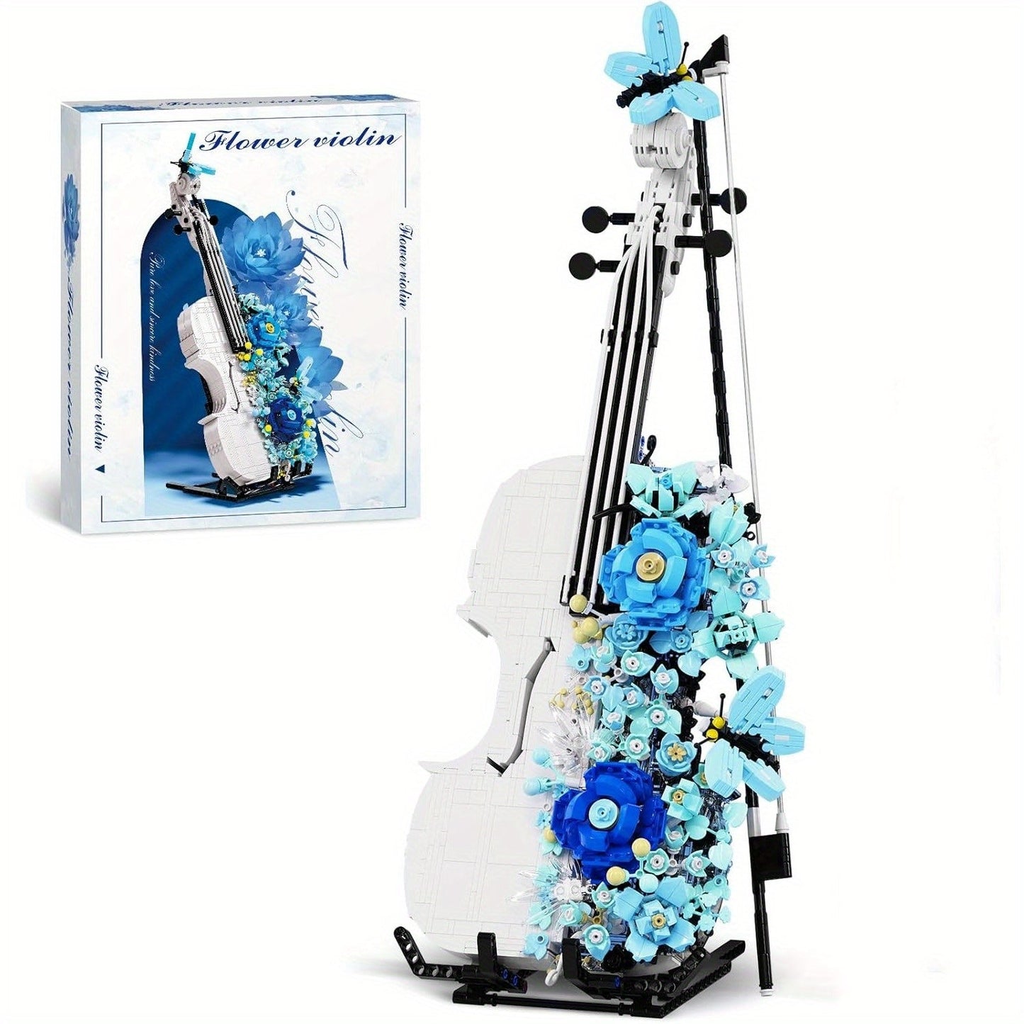 1419-Piece Flower Violin Building Block Model with Brick-Built Stand, Blue Blooms and Panel Detail
