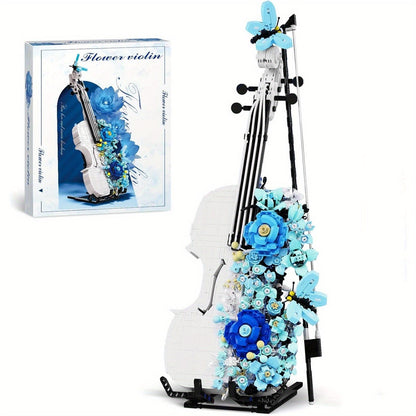 1419-Piece Flower Violin Building Block Model with Brick-Built Stand, Blue Blooms and Panel Detail