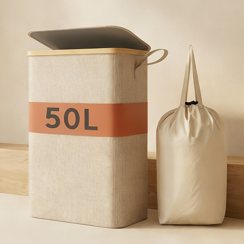 Slim Laundry Hamper with Lid & Removable Bag – Foldable Narrow Clothes Basket with Bamboo Handles for Bathroom, Bedroom & Dorm – 50L / 65L / 75L Space-Saving Collapsible Laundry Bin