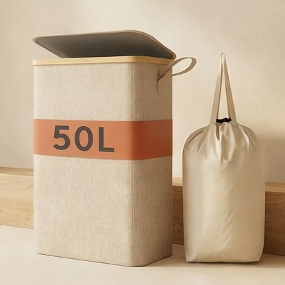 Slim Laundry Hamper with Lid & Removable Bag – Foldable Narrow Clothes Basket with Bamboo Handles for Bathroom, Bedroom & Dorm – 50L / 65L / 75L Space-Saving Collapsible Laundry Bin