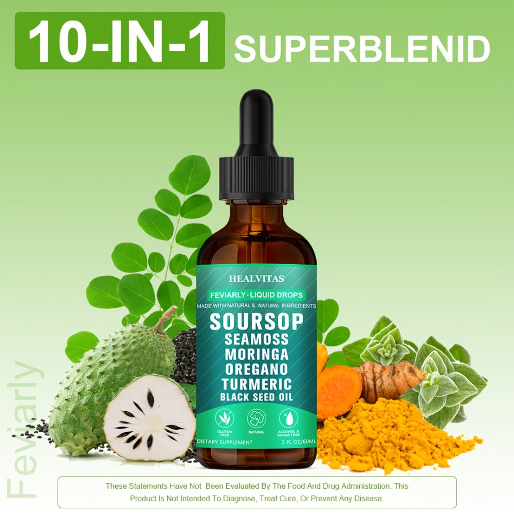 Soursop Bitters Liquid Drops 10-in-1 with Sea Moss Moringa Turmeric Black Seed Oil Oregano for Bath Time, Home Spa and Personal Care