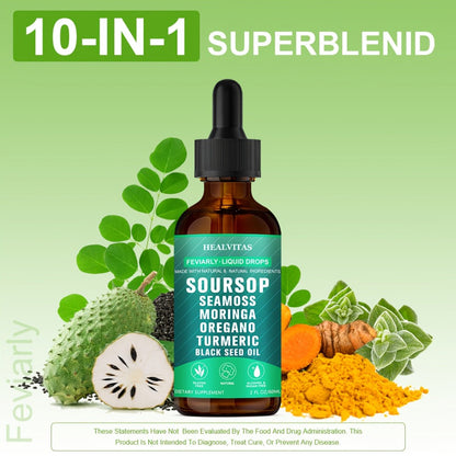 Soursop Bitters Liquid Drops 10-in-1 with Sea Moss Moringa Turmeric Black Seed Oil Oregano for Bath Time, Home Spa and Personal Care