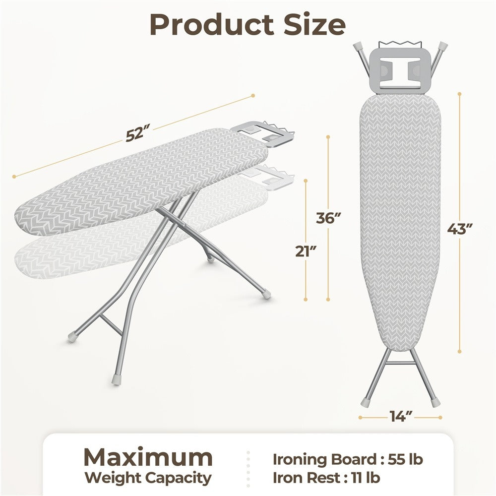 Ironing Board Full Size Adjustable Height Foldable Iron Board with 4-Leg Stand 4-Layer Thick Pad Iron Rest Safety Lock for Home Dorm Laundry Room