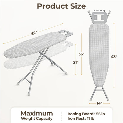Ironing Board Full Size Adjustable Height Foldable Iron Board with 4-Leg Stand 4-Layer Thick Pad Iron Rest Safety Lock for Home Dorm Laundry Room