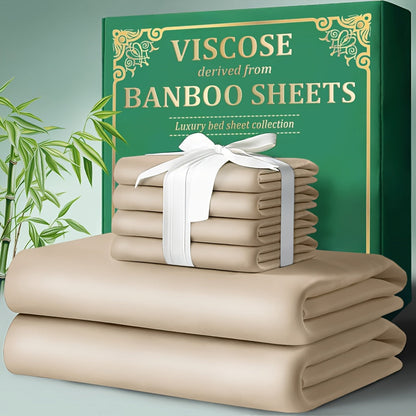 Bamboo Fitted Sheet Set 4-Piece Deep Pocket 18"-24", 2200TC Ultra-Soft Cool Breathable Bed Sheets, Anti-Shrink Fade-Resistant, Ideal for Hot Sleepers