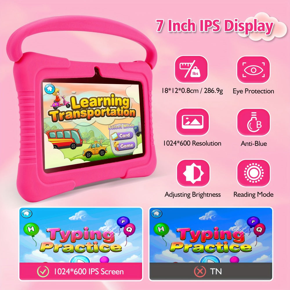 Veidoo 7 Inch Kids Tablet with Drop-Proof Silicone Cover – Eye Protection Screen, WiFi, 2GB RAM 16GB/32GB ROM, Dual Camera, Educational Games, Parental Control, Android Tablet Pink Blue Purple