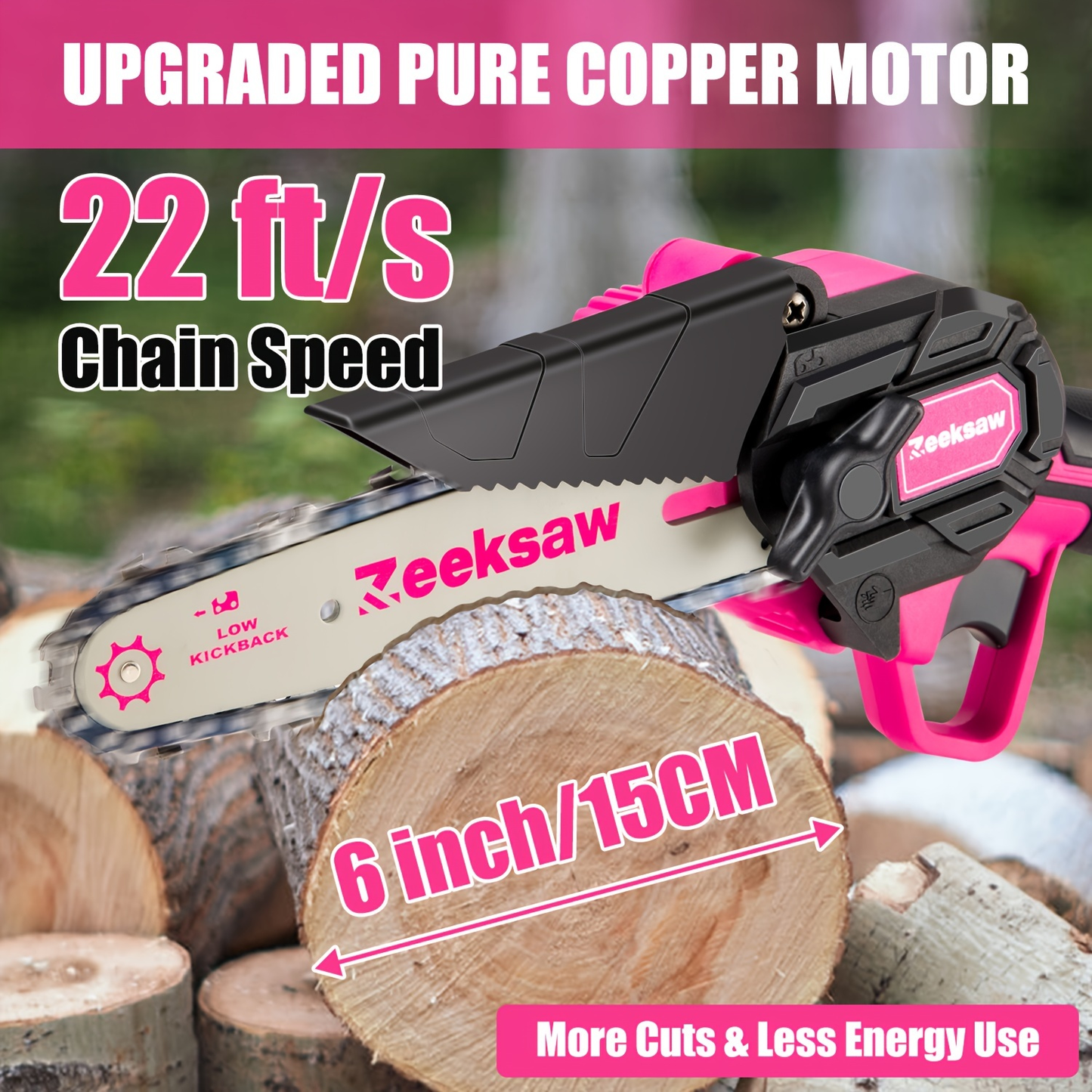 Pink 6-Inch Mini Cordless Chainsaw Kit with Two Batteries, Charger, Carry Case, Spare Chains and Clear Eyewear