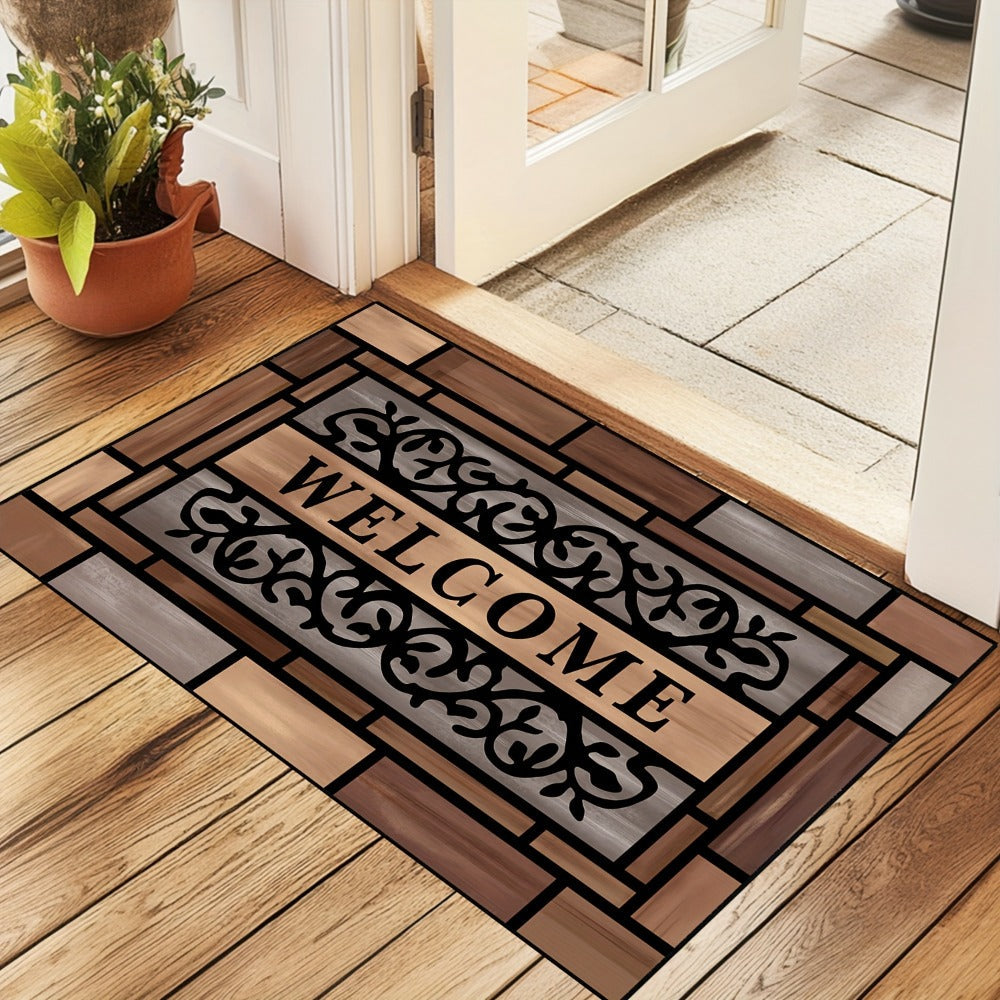 Welcome Doormat Wood Pattern - Non-Slip Entrance Mat with Polypropylene Backing | Indoor Outdoor Floor Mat for Front Door, Entryway & Home Decor | Durable Anti-Slip Door Rug in 2 Sizes