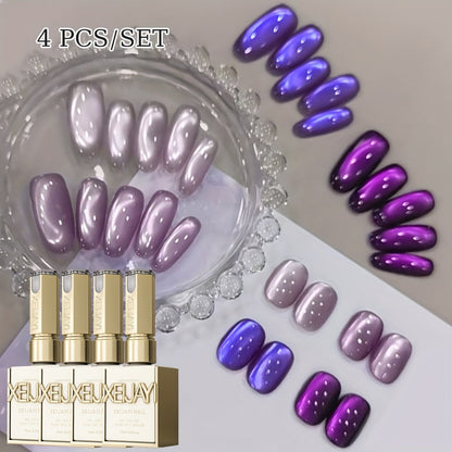 Gel Nail Polish Set with XEIJAYI Label, 4 Purple Iridescent Cat Eye Colors and M130 Gel Shade