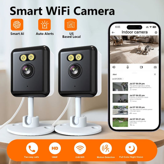 AI-Powered 3MP Indoor Security Camera 2-Pack, Humanoid Detection, Alexa Compatible, Full-Color Night Vision, Two-Way Audio, Smart Motion Alerts, 2.4G WiFi – Home Baby Pet Video Monitoring