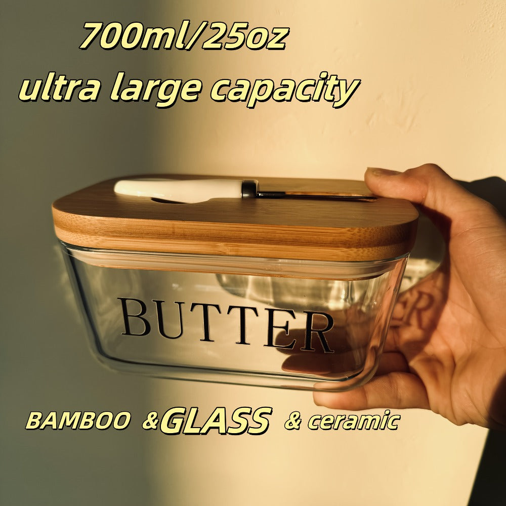 700 ml Clear Glass Butter Dish with Bamboo Lid, Knife Slot and White-Handle Spreader for Counter or Fridge