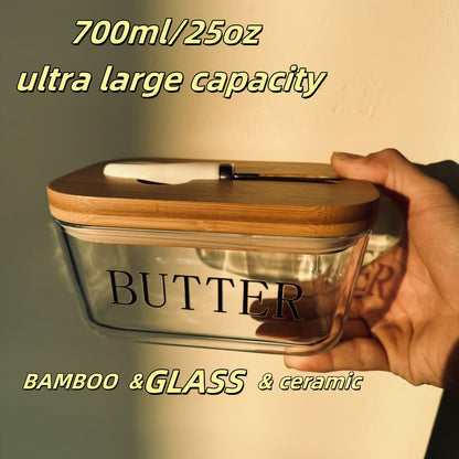 700 ml Clear Glass Butter Dish with Bamboo Lid, Knife Slot and White-Handle Spreader for Counter or Fridge