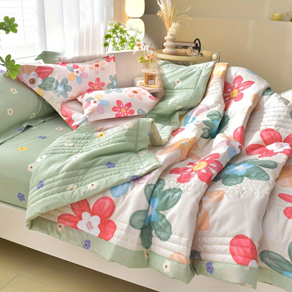 Floral Three-Piece Thin Quilt Set with Two Pillowcases, Twin to King Sizes and Three Printed Styles