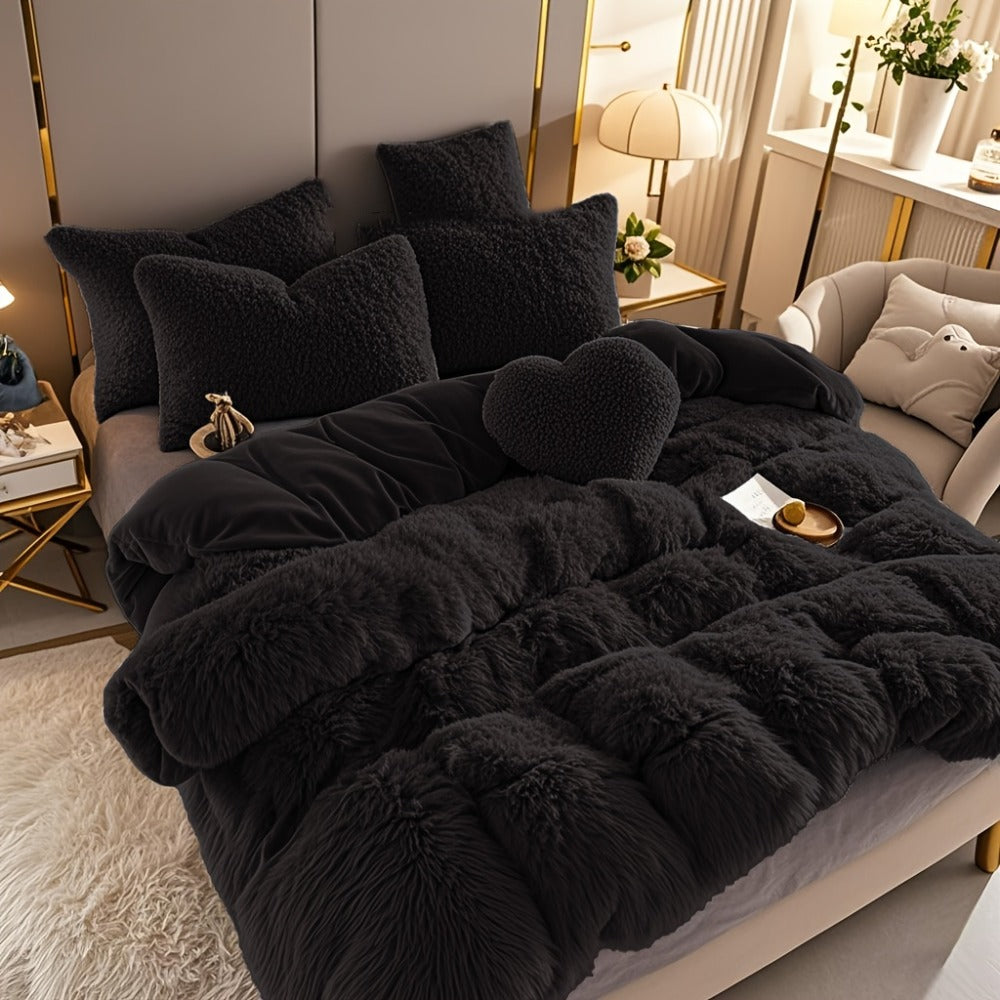 Plush Four-Piece Duvet Cover Set with Bed Sheet, Two Pillowcases, Queen or King Size and Eight Colors