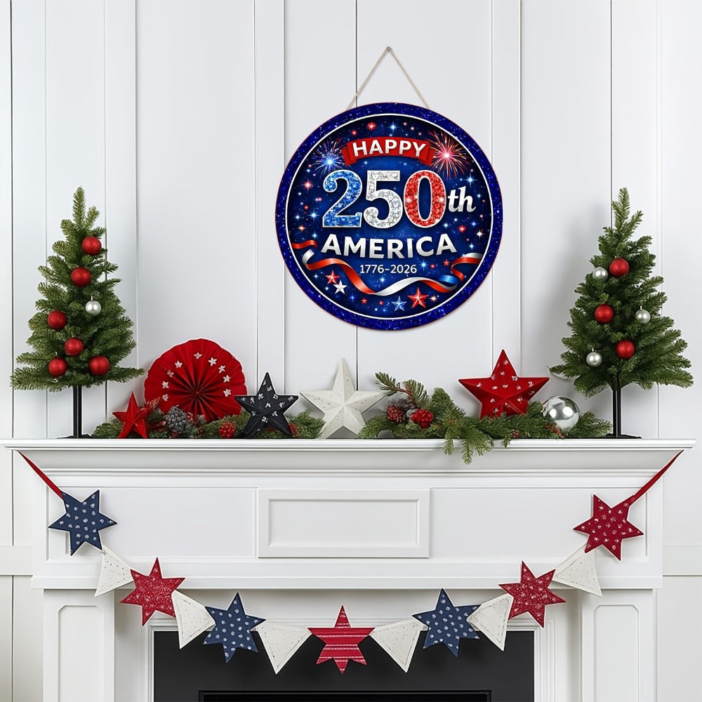 Patriotic Wooden Door Sign with Round 1776-2026 Anniversary Design for Indoor Wall or Entryway Display