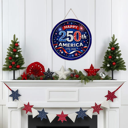 Patriotic Wooden Door Sign with Round 1776-2026 Anniversary Design for Indoor Wall or Entryway Display
