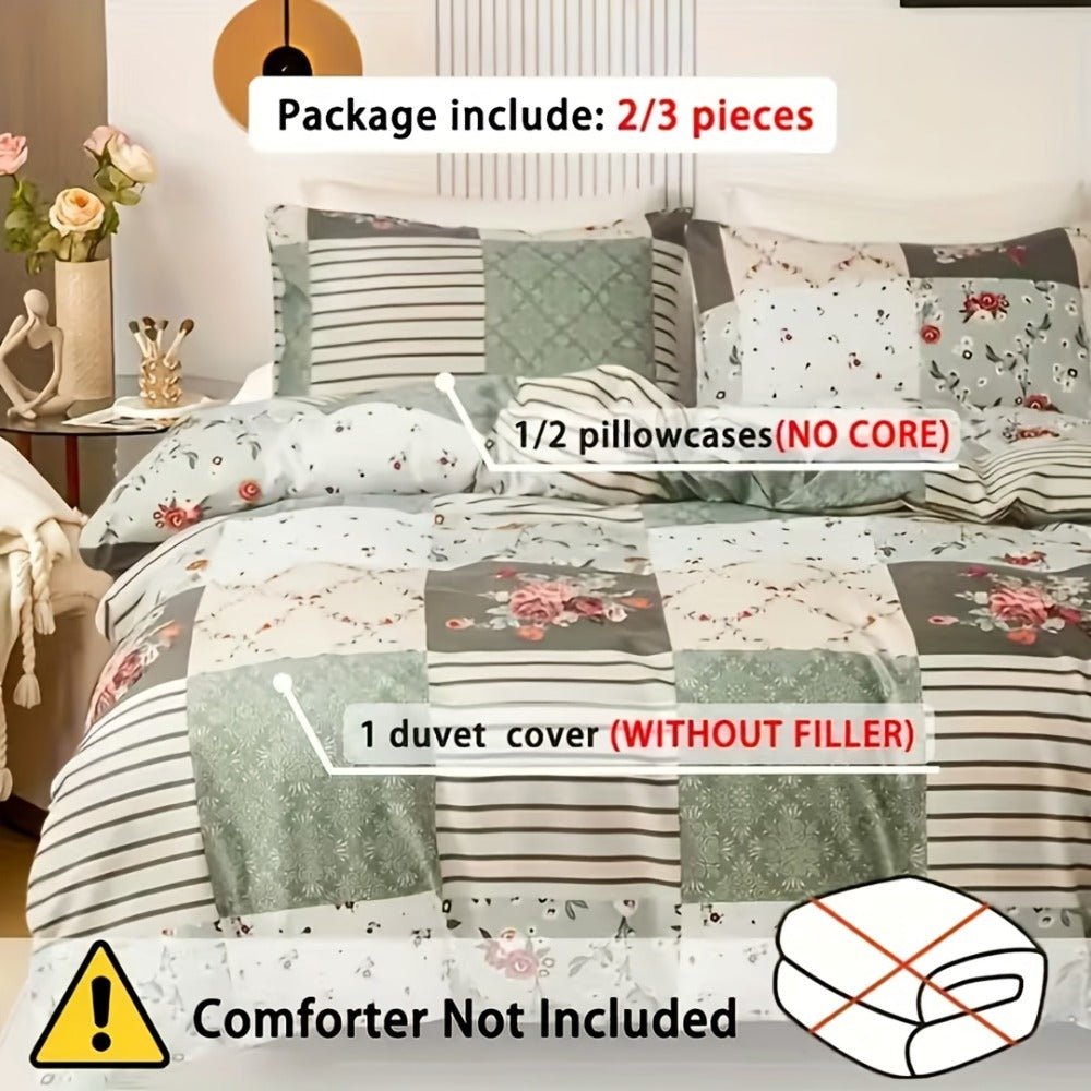 3-Piece Duvet Cover Set with Floral Patchwork Print in Blue, Green or Pink and Four Size Options