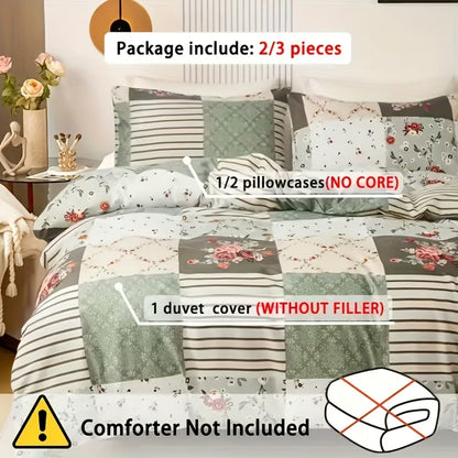 3-Piece Duvet Cover Set with Floral Patchwork Print in Blue, Green or Pink and Four Size Options
