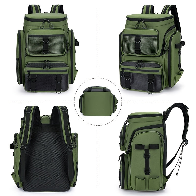 Black Camouflage Fishing Backpack with Twin Shoulder Straps, Front Zip Compartments and Side Rod Loops