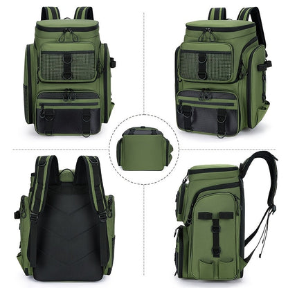 Black Camouflage Fishing Backpack with Twin Shoulder Straps, Front Zip Compartments and Side Rod Loops