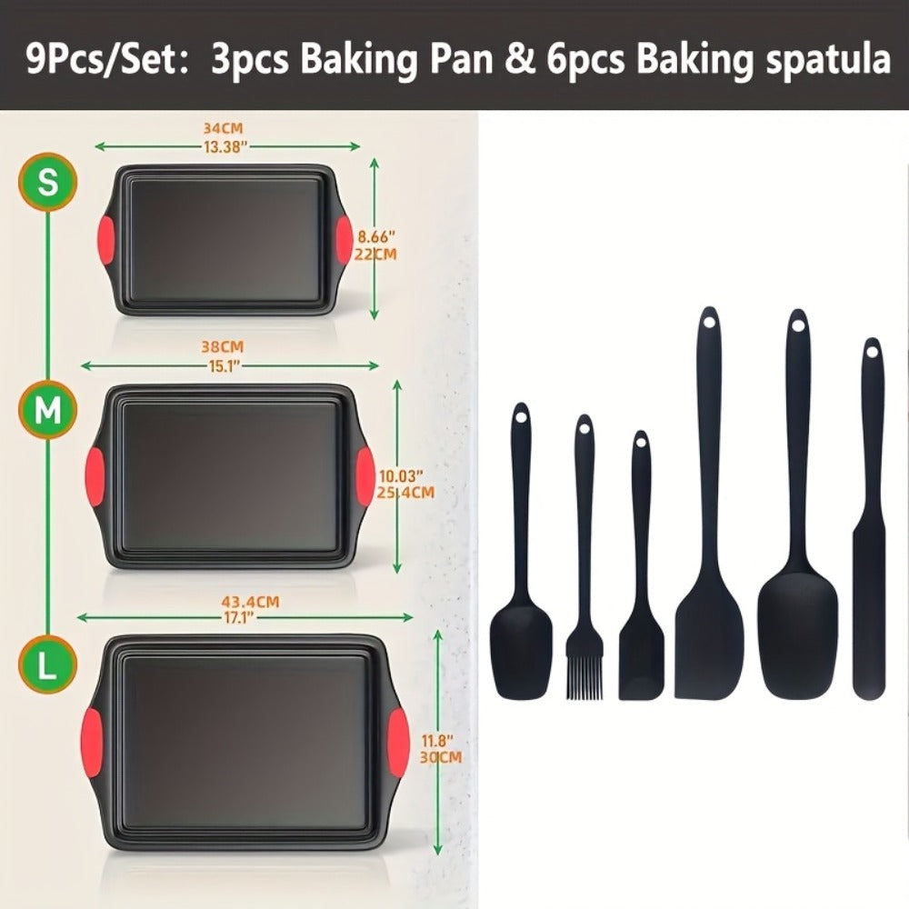 Three-Pan Gray Baking Sheet Set or Nine-Piece Kit with Six Utensils and Red Silicone Grips