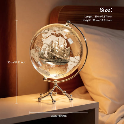 Illuminated Clear Acrylic Sailing Ship Globe Lamp, 7.87-Inch Sphere with Warm Light and Metal-Look Stand