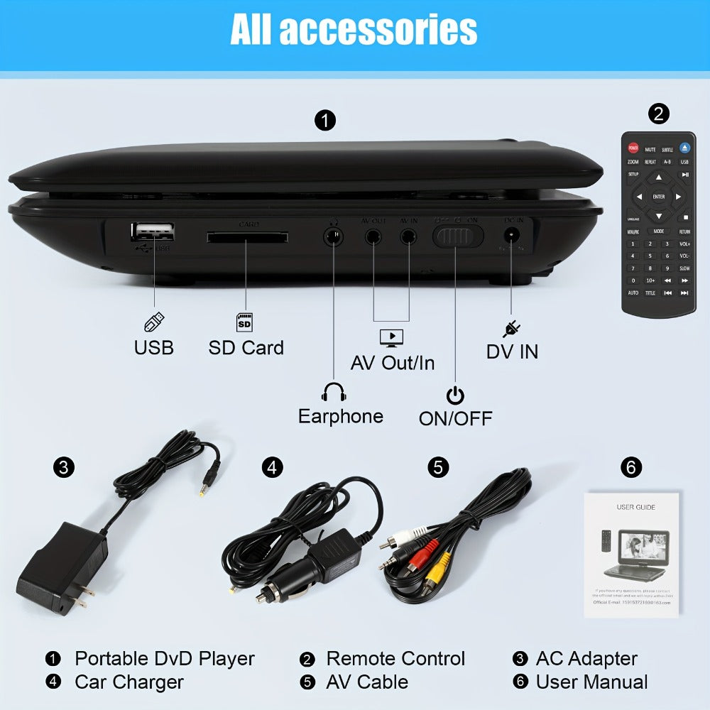 9 Inch Portable DVD Player for Kids Car Travel, Rechargeable Battery, Region Free, Dual Speakers