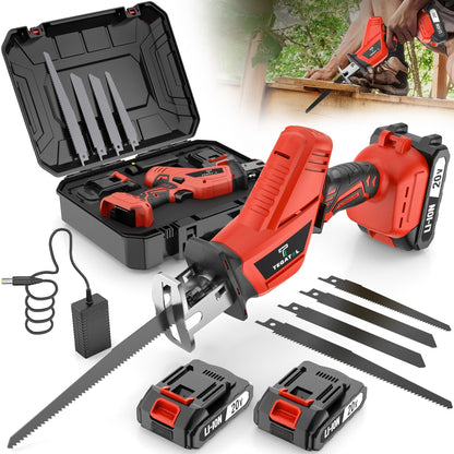 Electric Reciprocating Saw Cordless with LED Light & Safety Lock – Multi-Purpose Cutting Tool with Replaceable Blades, 1 or 2 Battery Options, Carrying Case Included