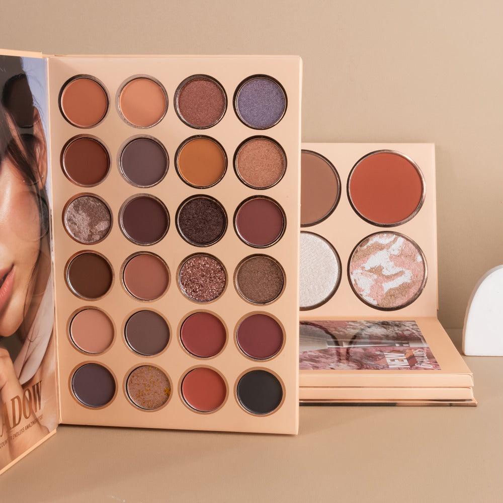 3-in-1 Eyeshadow Blush Highlighter Palette Loose Powder Book-Style Folding Compact Moisturizing Buildable Pigment Luminous Finish for Daily Glam Travel Gift Women