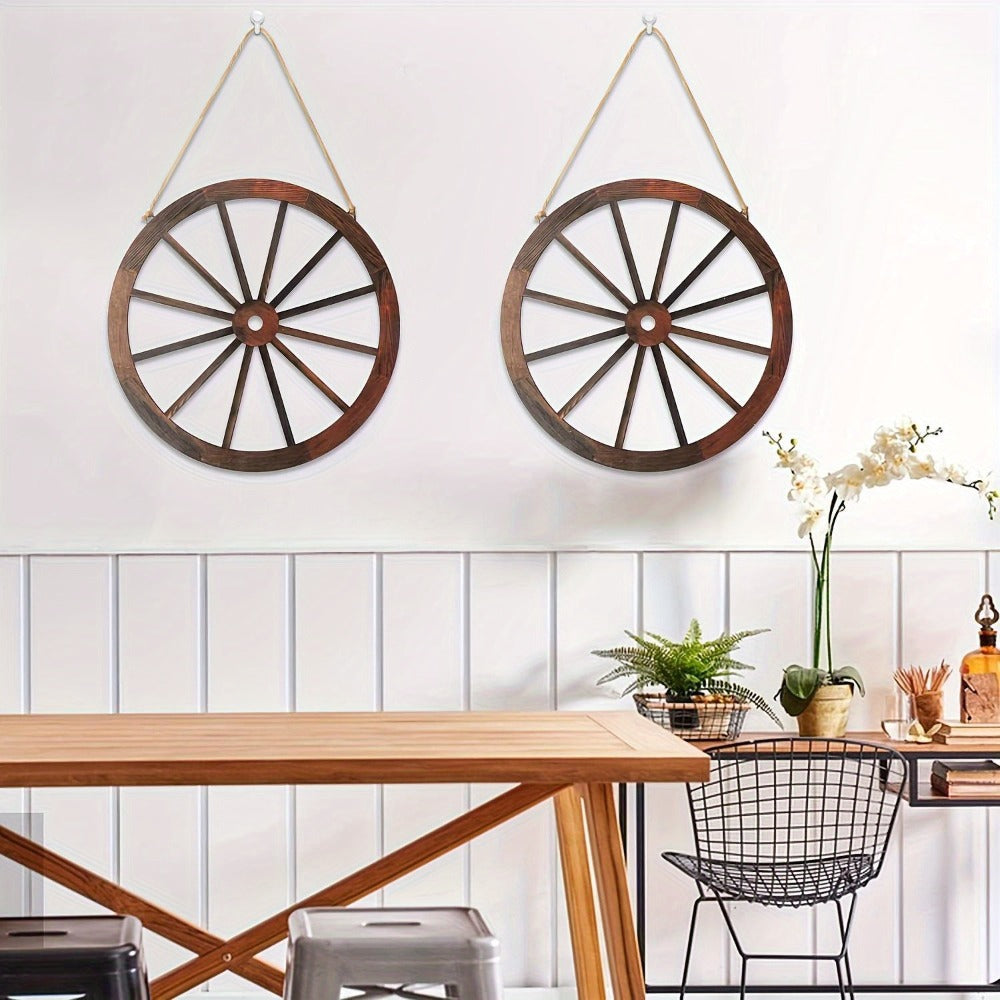 Rustic Carriage Wheel Wall Decor, Two-Piece Artificial Wood Set with Brown Grain-Look Finish and Hanging Loops