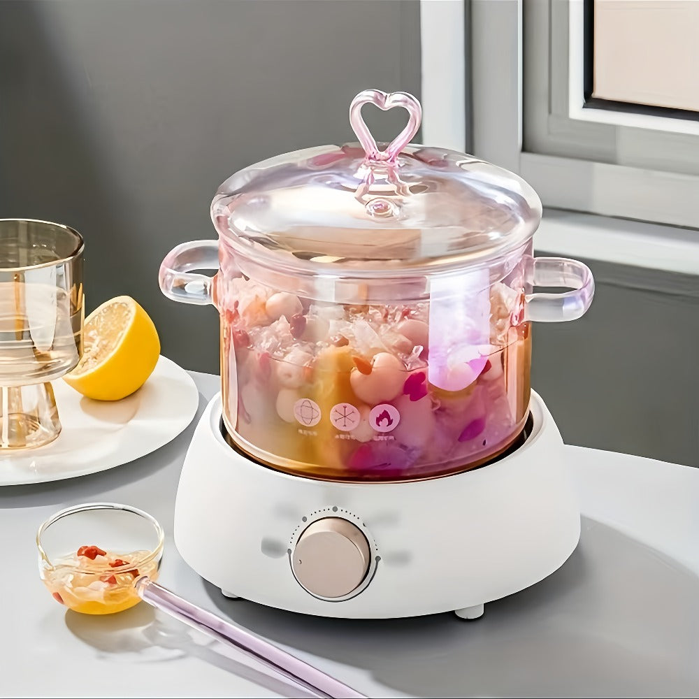 Glass Cooking Pot Cookware with 1500ml Capacity, Heart-Shaped Lid and Transparent Pink Body