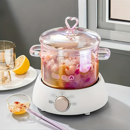 Glass Cooking Pot Cookware with 1500ml Capacity, Heart-Shaped Lid and Transparent Pink Body