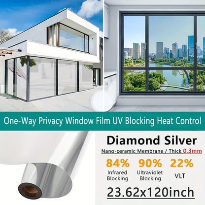 One Way Privacy Window Film Static Cling No Glue - Heat Control Anti-Glare Sun Blocking Reflective Mirror Tint for Home Office Hotel, Nano Ceramic 5Mil PVC, Easy Install Removable Window Privacy Film