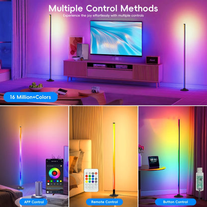 Slim RGB+IC Corner Floor Lamp with Segmented Light Bar, App and Remote Controls, Music Sync and One- or Two-Lamp Options