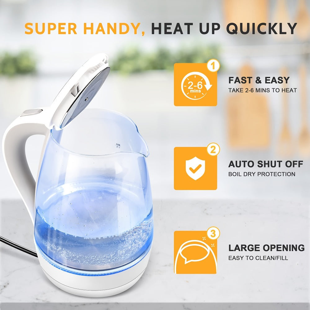 Glass Electric Kettle 1200W Fast Boiling – 57.48oz Tea Kettle with LED Indicator, Auto Shut-Off & Boil-Dry Protection, Elegant Transparent Design for Kitchen, Office & Camping